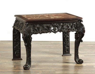 Lot 502 - A 19TH CENTURY CHINESE CARVED HARDWOOD AND MARBLE INSET CONSOLE TABLE