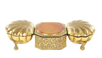Lot 1082 - A FINE QUALITY GILT BRONZE ENGRAVED THREE COMPARTMENT INK WELL