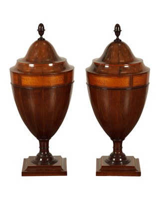 Lot 1577 - A PAIR OF LATE 19TH CENTURY SHERATON STYLE INLAID MAHOGANY KNIFE URNS