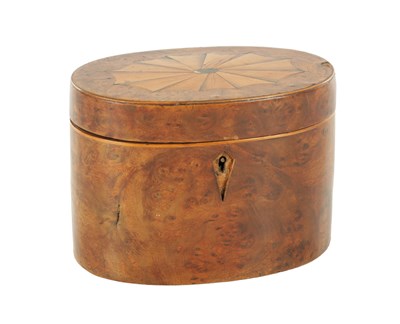 Lot 773 - A LATE 18TH CENTURY BURR YEW OVAL TEA CADDY