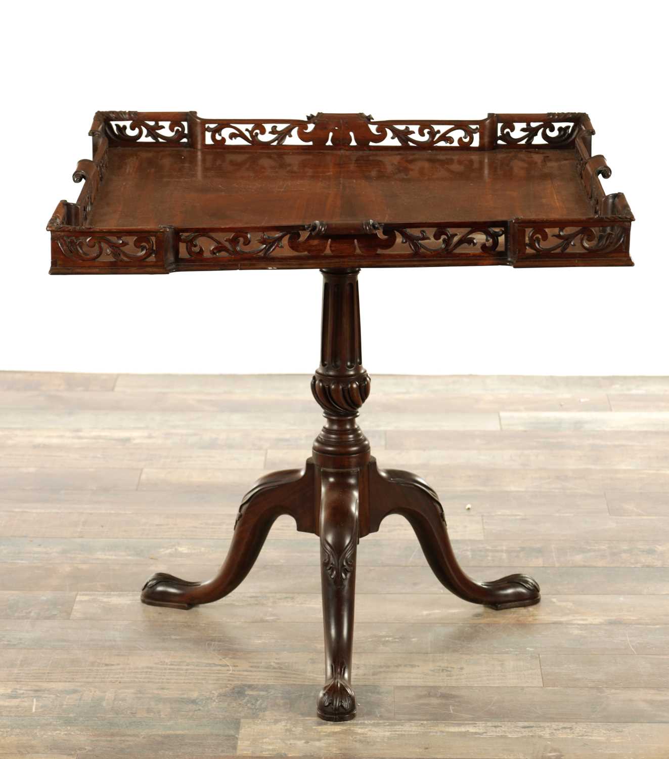 Lot 1503 - A 18TH CENTURY MAHOGANY CHIPPENDALE STYLE SILVER TABLE