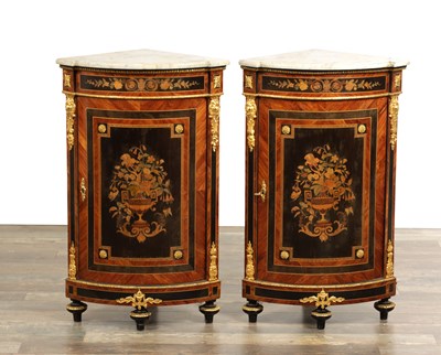 Lot 1658 - A PAIR OF 19TH CENTURY FRENCH MARQUETRY INLAID KINGWOOD ORMOLU MOUNTED CORNER CABINETS