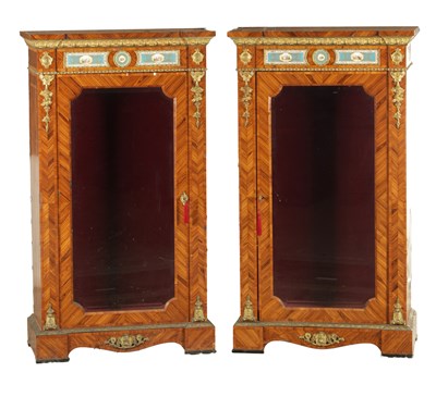 Lot 1543 - A GOOD PAIR OF 19TH CENTURY FRENCH KINGWOOD AND ORMOLU MOUNTED SIDE CABINETS WITH INSET SERVES STYLE PORCELAIN PLAQUES