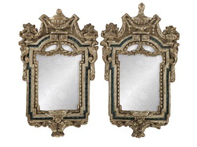 Lot 1572 - A PAIR OF LATE 18TH CENTURY ITALIAN SILVERED CARVED WOOD HANGING MIRRORS