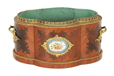 Lot 1560 - A 19TH CENTURY FRENCH KINGWOOD AND ORMOLU MOUNTED TABLE JARDINIERE WITH SERVES STYLE PORCELAIN PLAQUES