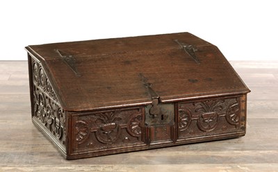 Lot 1530 - A 17TH CENTURY CARVED OAK BIBLE BOX