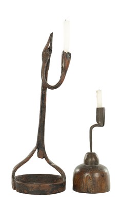 Lot 1064 - TWO EARLY 18TH CENTURY WROUGHT IRON RUSH LIGHTS