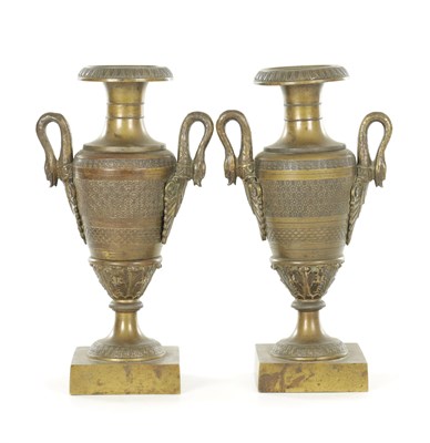 Lot 1159 - A FINE QUALITY PAIR OF FRENCH EMPIRE BRONZE VASIFORM URNS