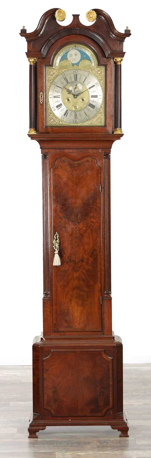 Lot 1271 - THOMAS OGDEN, HALIFAX. AN 18TH CENTURY FIGURED MAHOGANY LONGCASE CLOCK