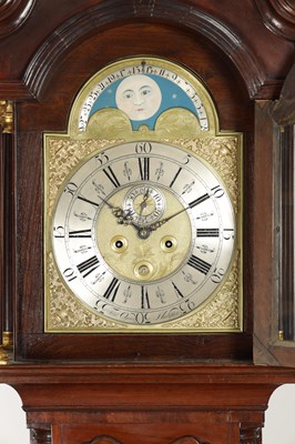 Lot 1271 - THOMAS OGDEN, HALIFAX. AN 18TH CENTURY FIGURED MAHOGANY LONGCASE CLOCK