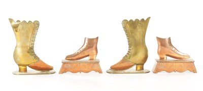 Lot 974 - TWO PAIRS OF 19TH CENTURY BRASS AND COPPER HEARTH ORIMENTS / CANDLESTICKS FORMED AS BOOTS