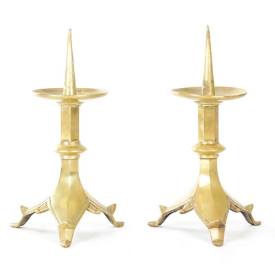 Lot 1118 - A PAIR OF LATE 19TH CENTURY GOTHIC STYLE ASTHECTIC PERIOD BRASS PRICKET