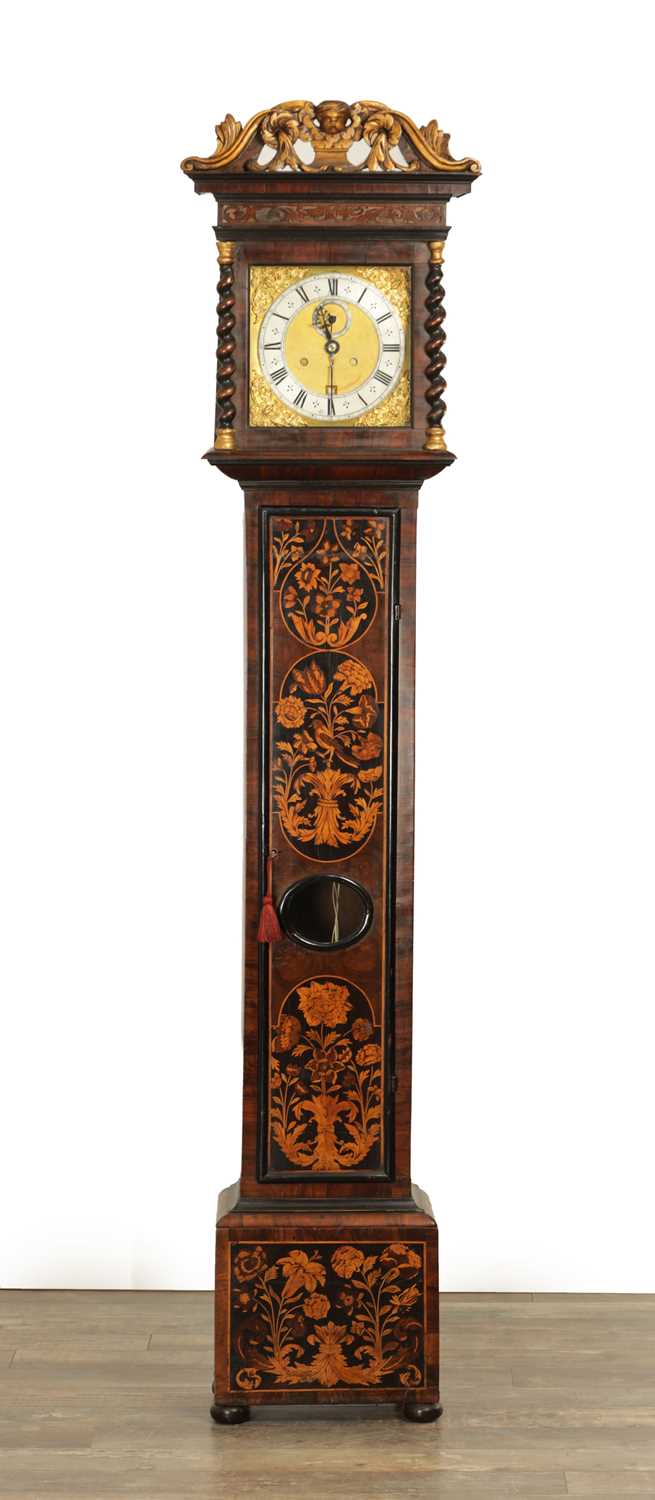 Lot 1399 - HENRY JONES IN YE TEMPLE. A FINE WILLIAM AND MARY PANELLED MARQUETRY OYSTER VENEERED 10" LONGCASE CLOCK