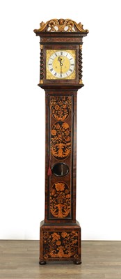 Lot 1399 - HENRY JONES IN YE TEMPLE. A FINE WILLIAM AND MARY PANELLED MARQUETRY OYSTER VENEERED 10" LONGCASE CLOCK