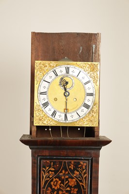 Lot 1399 - HENRY JONES IN YE TEMPLE. A FINE WILLIAM AND MARY PANELLED MARQUETRY OYSTER VENEERED 10" LONGCASE CLOCK