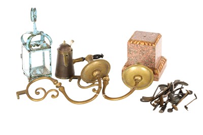 Lot 1010 - A RARE SET OF 18TH CENTURY DENTISTRY TOOLS AND A LARGE PAIR OF 18TH CENTURY BRASS CANDLE BRANCHES
