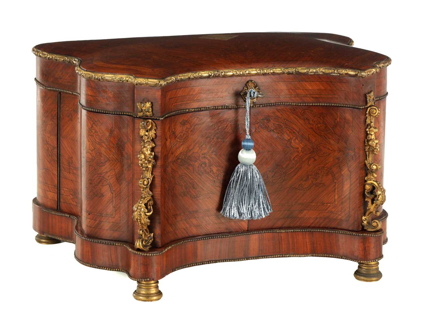 Lot 1108 - A FINE 19TH CENTURY INLAID KINGWOOD AND OROMLU MOUNTED SERPENTINE SHAPED DECANTER BOX