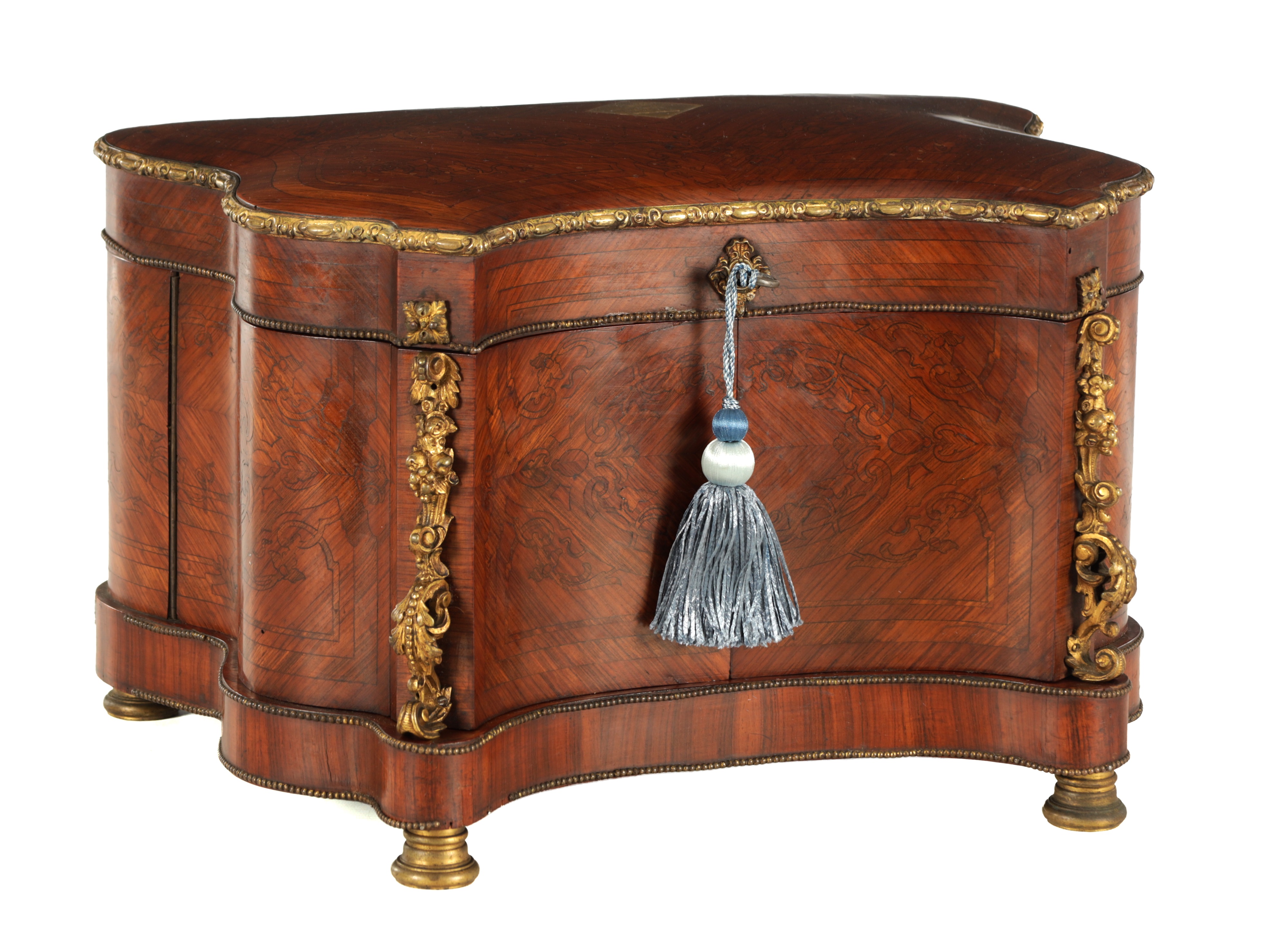 Lot 1108 inlaid kingwood and ormolu-mounted serpentine-shaped decanter box