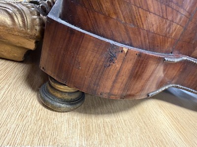 Lot 1108 - A FINE 19TH CENTURY INLAID KINGWOOD AND OROMLU MOUNTED SERPENTINE SHAPED DECANTER BOX