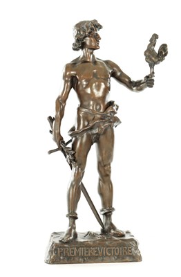 Lot 1020 - MARCEL DEBÜT (1865-1933). A LATE 19TH/EARLY 20TH CENTURY FIGURAL BRONZE TITLED “PREMIERE VICTOIRE”