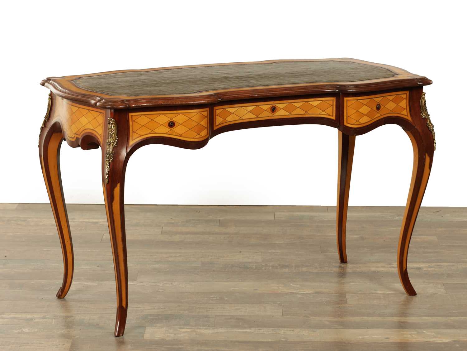 Lot 1486 - A 19TH CENTURY FRENCH SATINWOOD AND MAHOGANY ORMOLU MOUNTED WRITING TABLE