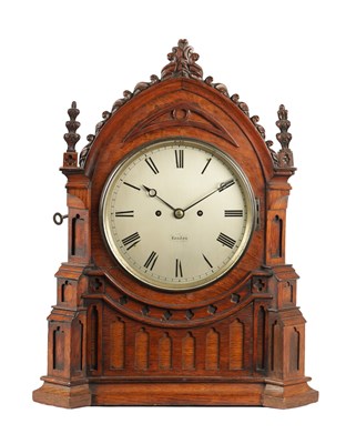 Lot 1446 - A 19TH CENTURY POLLARD OAK DOUBLE FUSEE GOTHIC STYLE BRACKET CLOCK