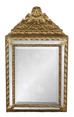 Lot 1659 - A 19TH CENTURY FRENCH PRESSED BRASS HANGING MIRROR