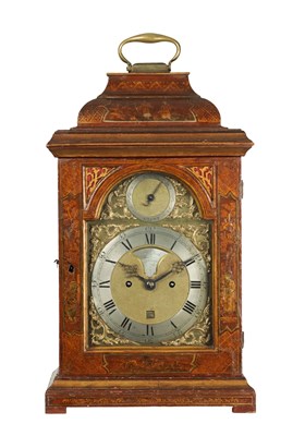 Lot 1268 - JAMES SMITH, LONDON. A GEORGE III SCARLET JAPANNED VERGE EIGHT-DAY INVERTED BELL TOP BRACKET CLOCK