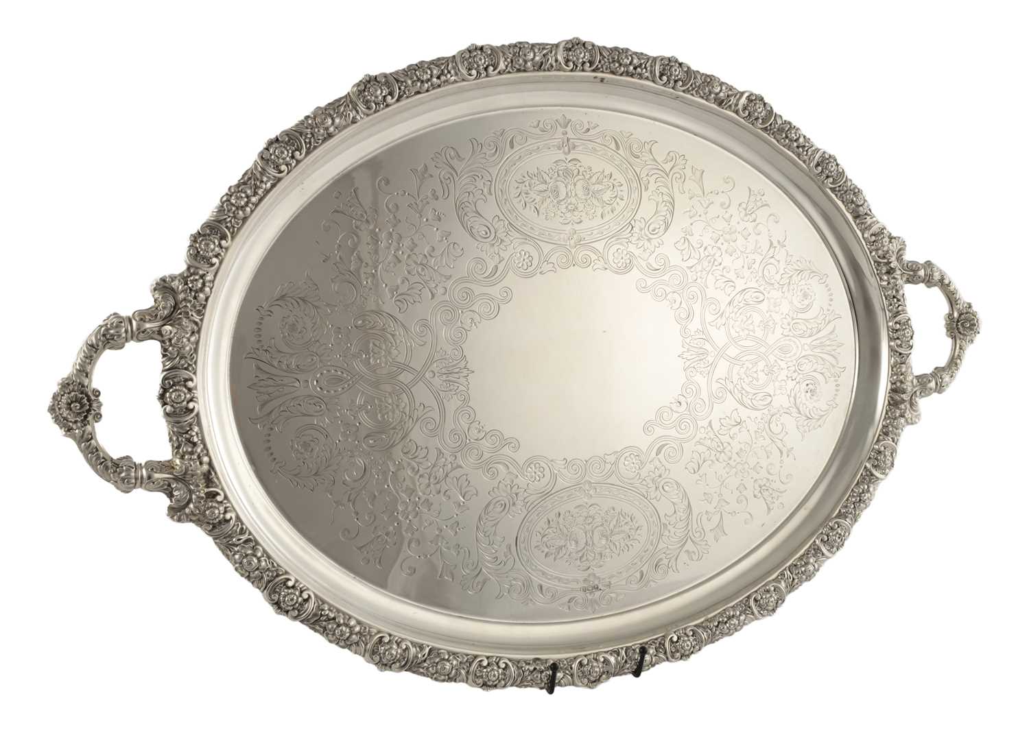 Lot 140 - A LARGE LATE 19TH CENTURY OVAL SILVER TWIN HANDLED TRAY