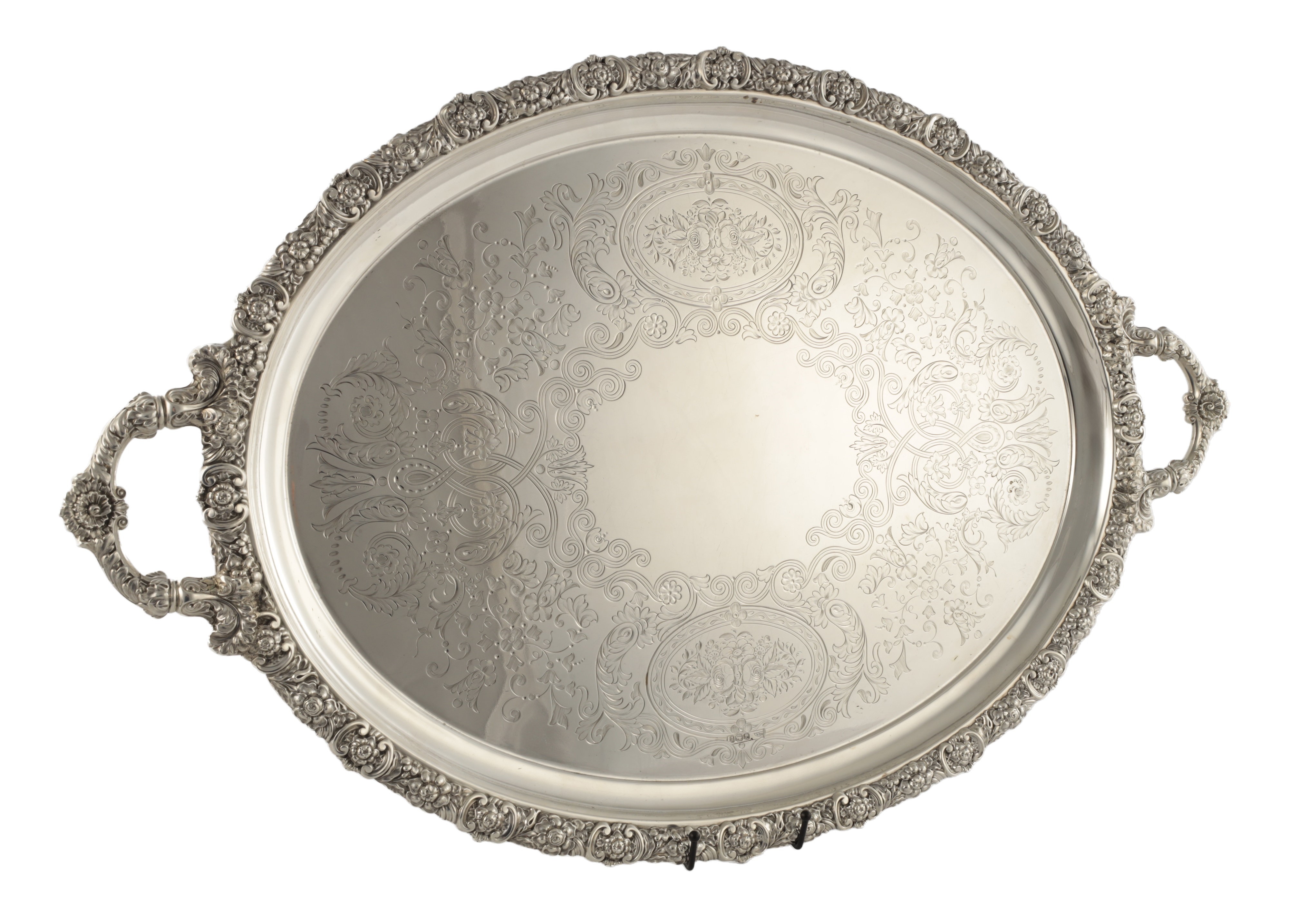 Large late nineteenth-century oval silver twin-handled tray sold by Hutchinson Scott