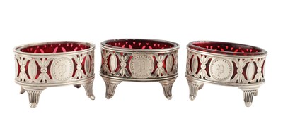 Lot 190 - A SET OF THREE LATE 19TH CENTURY SILVER TABLE SALTS