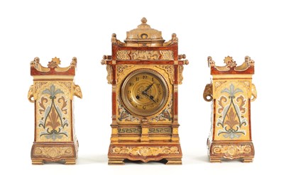 Lot 1360 - A LATE 19TH CENTURY DOULTON LAMBETH CLOCK GARNITURE