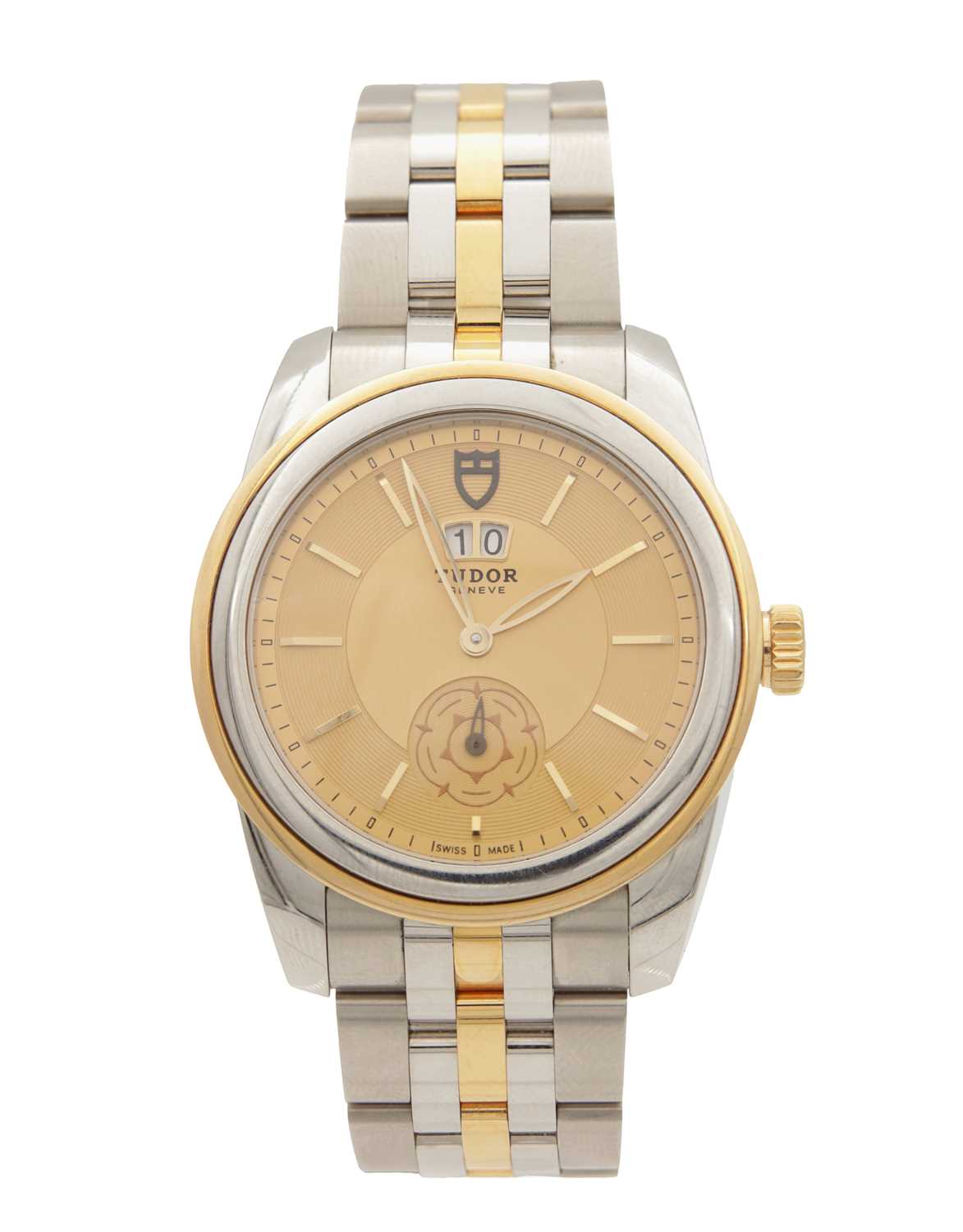 Lot 1222 - A GENTLEMAN'S STEEL AND GOLD TUDOR GLAMOUR DOUBLE DATE AUTOMATIC WRIST WATCH