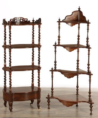 Lot 1511 - A WILLIAM IV ROSEWOOD FOUT-TIER WHATNOT AND A VICTORIAN INLAID WALNUT CORNER WHATNOT