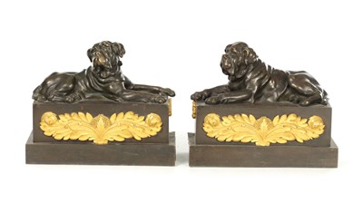 Lot 952 - AN UNUSUAL PAIR OF 19TH CENTURY BRONZE AND GILT BRONZE FIRE DOGS