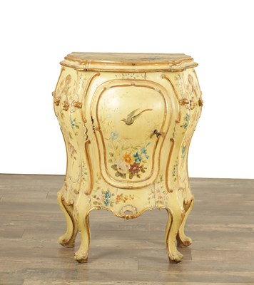 Lot 1580 - AN 18TH CENTURY ITALIAN VENITIAN BOMBE SHAPED CREAM LACQUERED CHINOISERIE DECORATED COMMODE OF SMALL SIZE