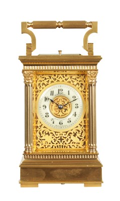 Lot 1406 - LE ROY & FILS, PARIS. A RARE LATE 19TH CENTURY GILT BRASS BOTTOM WIND REPEATING CARRIAGE CLOCK NUMBERED 9575