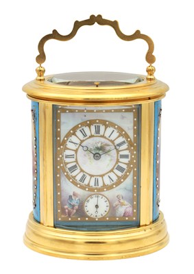 Lot 1277 - A LATE 19TH CENTURY FRENCH OVAL PORCELAIN PANELLED REPEATING CARRIAGE CLOCK