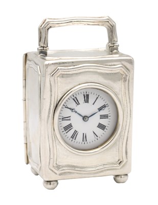Lot 1385 - AN EARLY 20TH CENTURY FRENCH MINIATURE SILVER CARRIAGE CLOCK TIMEPIECE