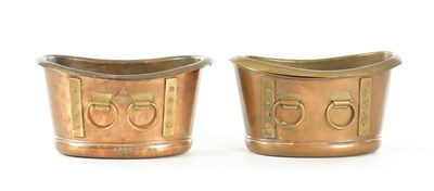 Lot 965 - WOOD & CO FOR LIBERTY & CO. A PAIR OF EARLY 20TH CENTURY COPPER AND BRASS ICE BUCKETS / WINE COOLERS FORMED AS ROMAN BATHS
