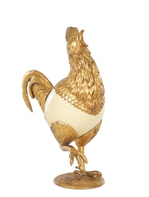 Lot 972 - AN UNUSUAL 20TH CENTURY GILT METAL AND OSTRICH EGG SCULPTURE OF A COCKEREL