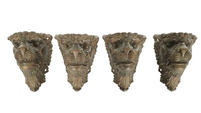 Lot 1146 - A SET OF FOUR 19TH CENTURY BRONZE LION HEAD MOUNTS / BILLIARD TABLE POCKETS