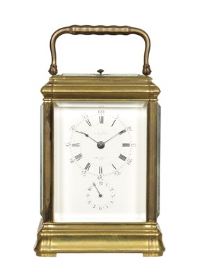 Lot 1305 - JOSEPH SALDANO, PARIS. A 19TH CENTURY FRENCH BRASS GORGE CASED GRAND SONNERIE CARRIAGE CLOCK WITH ALARM