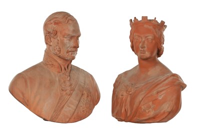 Lot 939 - A PAIR OF 19TH CENTURY TERRACOTTA BUSTS OF VICTORIA AND ALBERT BY J. DURHAM.