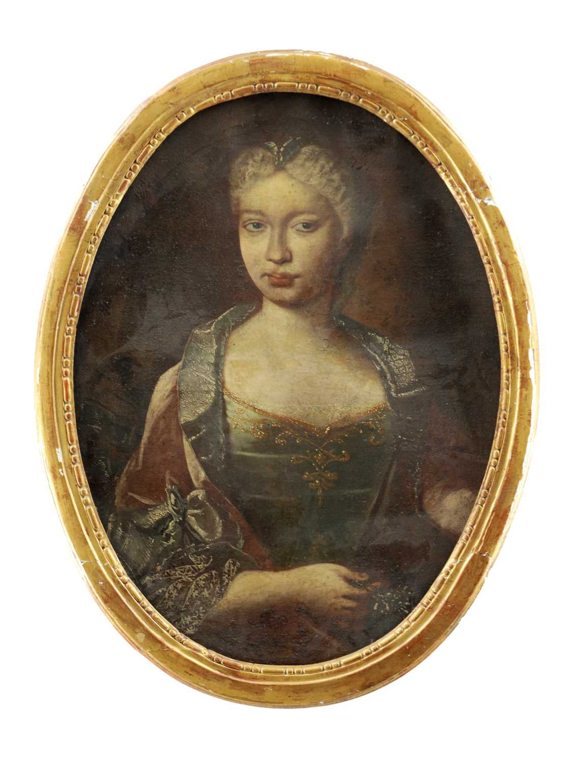 Lot 656 - AN 18TH CENTURY OIL ON CANVAS OVAL HALF LENGTH PORTRAIT OF A YOUNG LADY