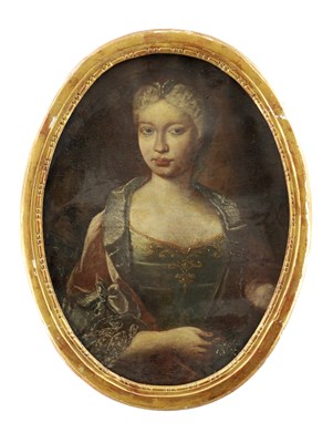 Lot 656 - AN 18TH CENTURY OIL ON CANVAS OVAL HALF LENGTH PORTRAIT OF A YOUNG LADY