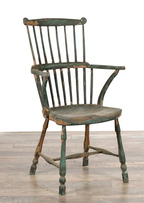 Lot 1485 - A 19TH CENTURY GREEN PAINTED COMB BACK WINDSOR CHAIR