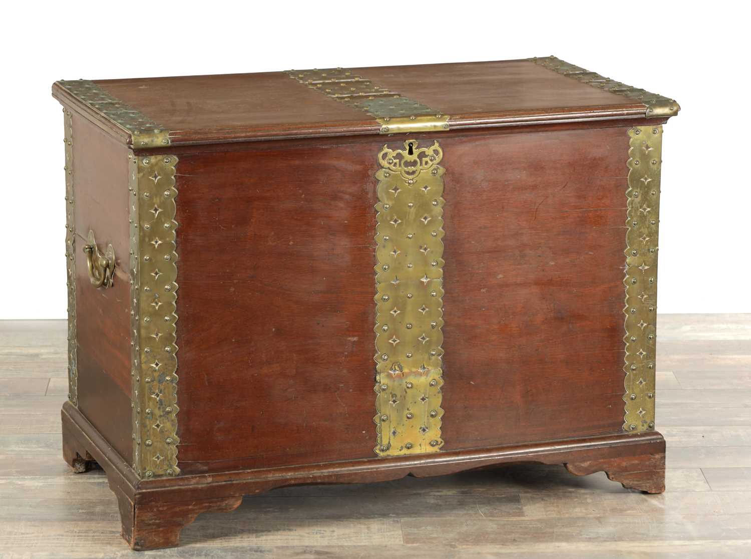 Lot 1625 - A GEORGE II MAHOGANY AND BRASS BOUND SILVER CHEST