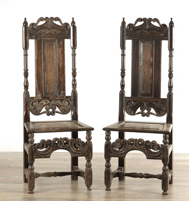 Lot 1579 - A PAIR OF 17TH CENTURY STYLE OAK HALL CHAIRS