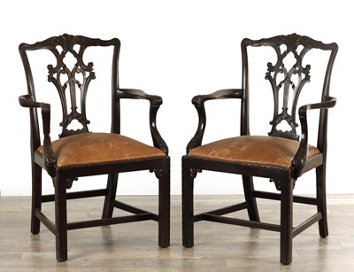 Lot 1542 - A PAIR OF LATE 19TH CENTURY MAHOGANY CHIPPENDALE STYLE DESK CHAIRS
